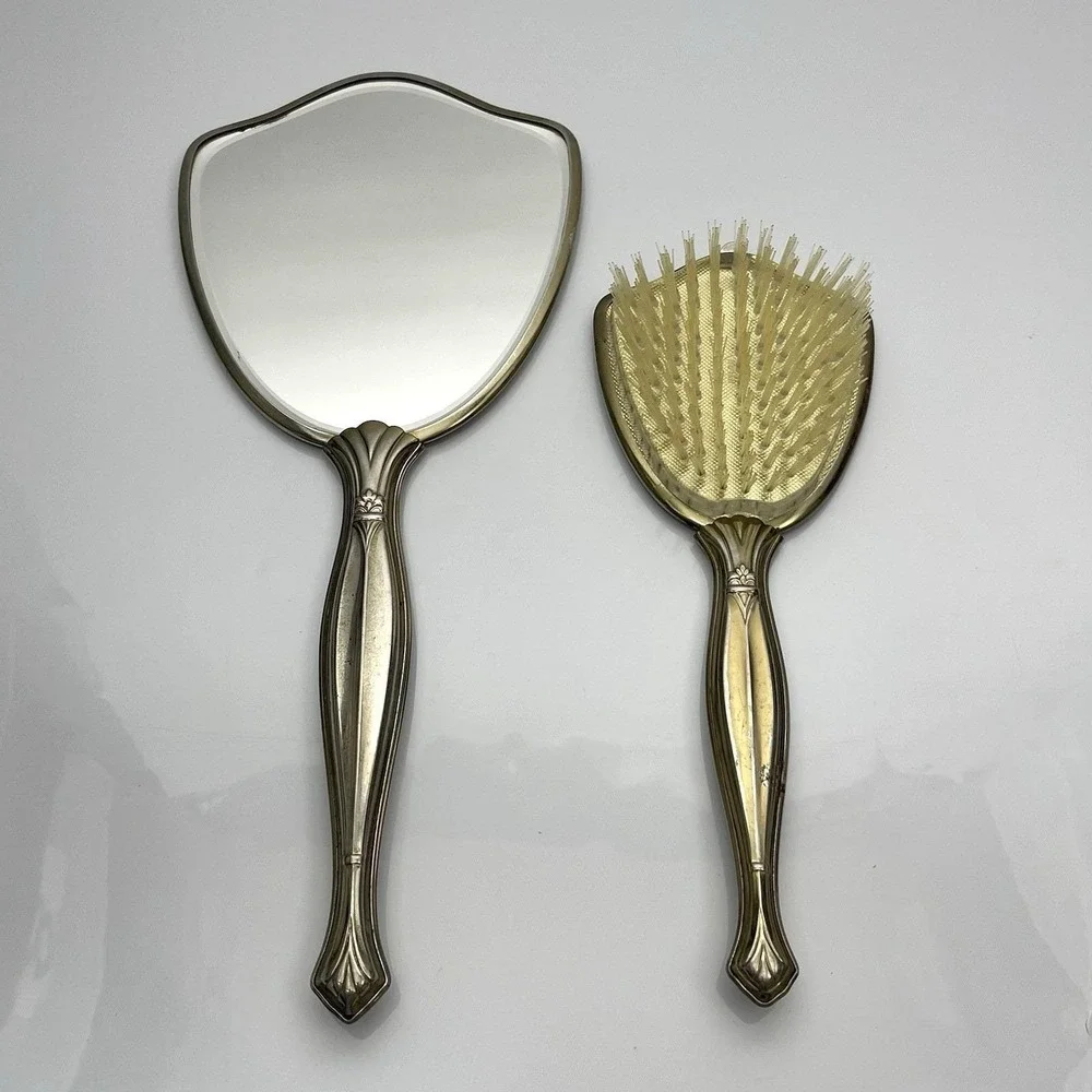 Vintage 60s Gold Tone Ornate Laced Vanity Dresser Hand Mirror Brush Set Made USA